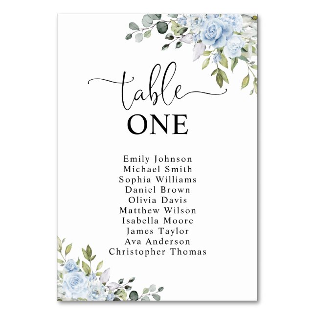 Soft Blue Botanical Table Number Seating Chart (Front)