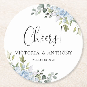 Soft Blue Botanical Wedding Cheers Round Coaster