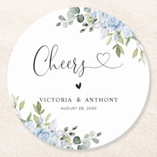 Soft Blue Botanical Wedding Cheers Round Coaster