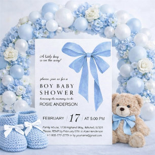 Soft Blue Bow Boy Baby Shower Invitation