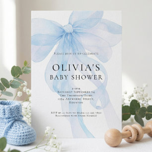 Soft Blue Bow Text Overlay Baby Shower Invitation
