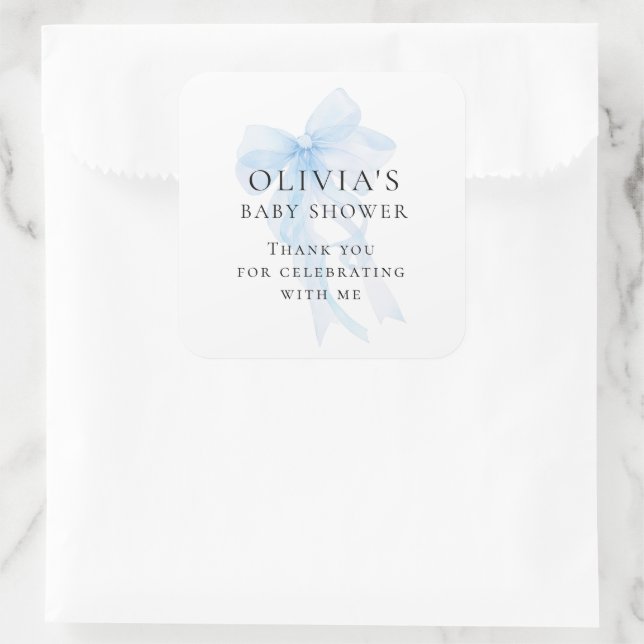 Soft Blue Bow Text Thank You Baby Shower Square Sticker (Bag)