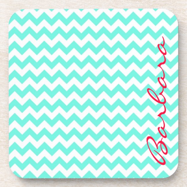Soft Blue Chevron With Your Name in Script Coaster (Front)
