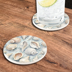 Soft Blue Coastal Seashell Watercolor Coaster