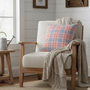 Soft Blue Coral Watercolor Plaid Farmhouse Cushion