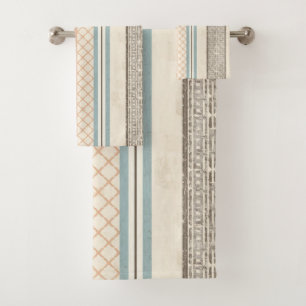 Soft Blue Cream Brown Peach Farmhouse Stripe Bath Towel Set