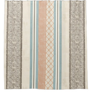 Soft Blue Cream Brown Peach Farmhouse Stripe Shower Curtain