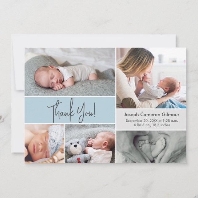 Soft blue Custom Photo Collage Baby Boy Birth Thank You Card (Front)