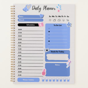 Soft Blue Daily Planner with Mood & Water Track