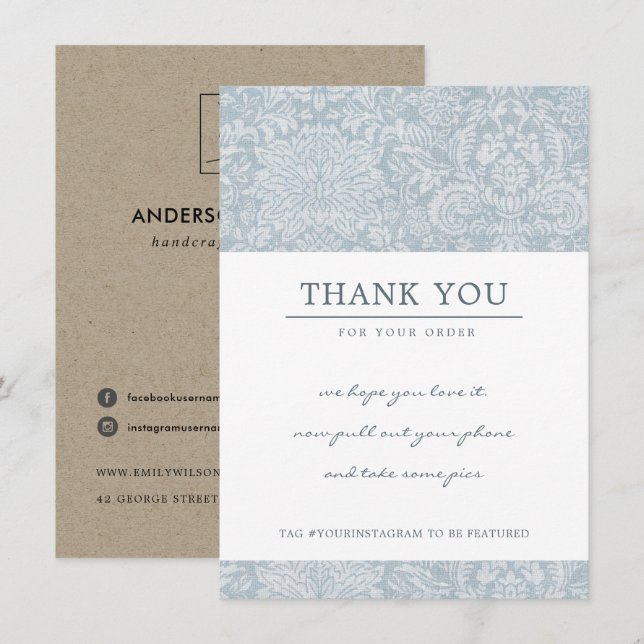 SOFT BLUE DAMASK PATTERN CORPORATE BUSINESS LOGO THANK YOU CARD (Front/Back)