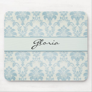 Soft Blue Damask With White Label Mouse Mat