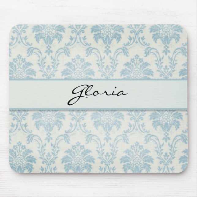 Soft Blue Damask With White Label Mouse Mat (Front)