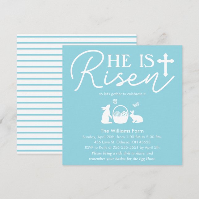 Soft Blue Easter “He Is Risen” Celebration  Invitation (Front/Back)