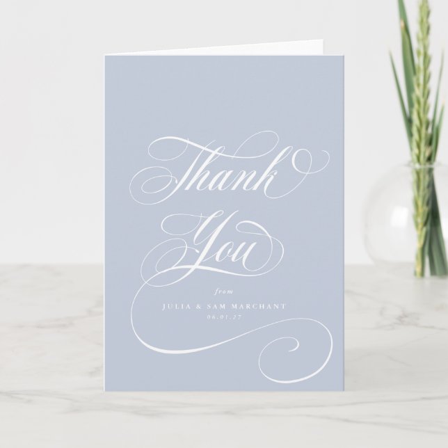 Soft Blue Elegant Script Blank Wedding Thank You Card (Front)