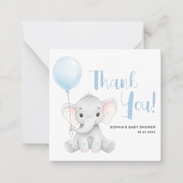 Soft Blue Elephant Baby Shower Budget Thank You Card (Front)