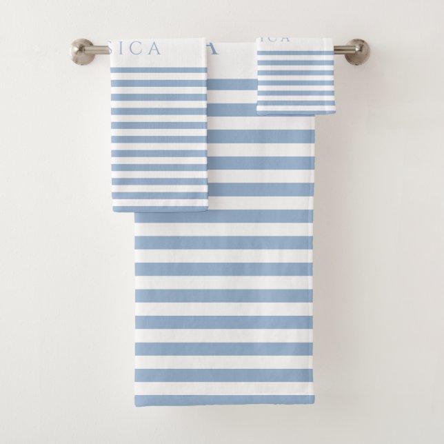 Soft Blue Farmhouse Stripe Pattern Personalised Bath Towel Set (Insitu)