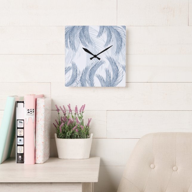 Soft Blue Feather Palm Bliss 1 Square Wall Clock (Reading Room)