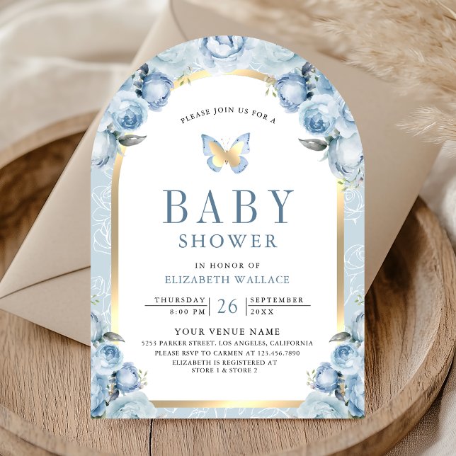 Soft Blue Floral Arch Butterfly Baby Shower Invitation (Creator Uploaded)