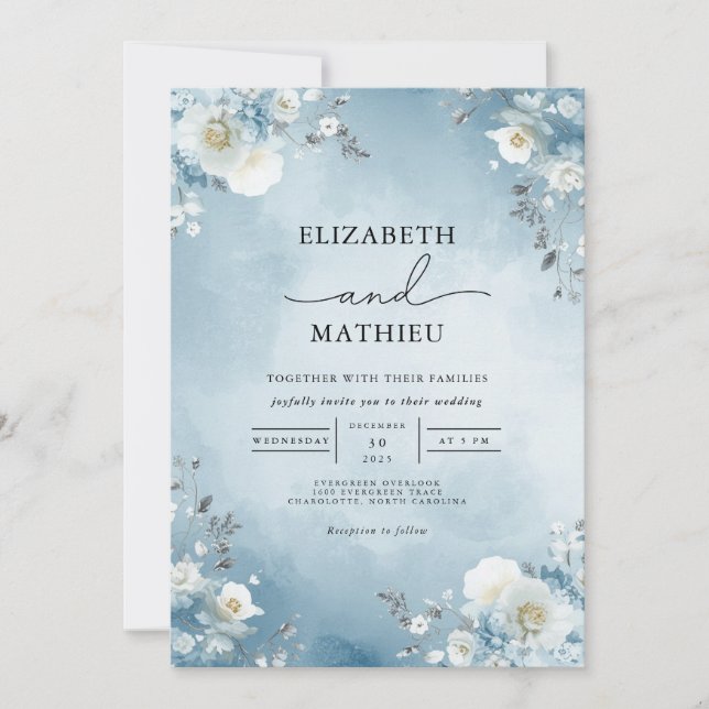 Soft Blue Floral Arch Wedding Invitation (Front)