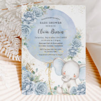 Soft Blue Floral Balloon Elephant Boy Baby Shower