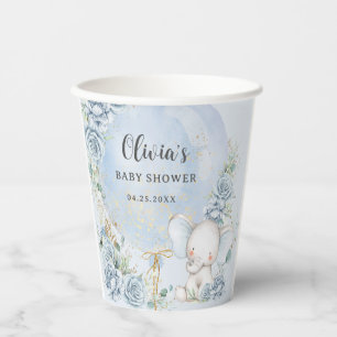 Soft Blue Floral Balloon Elephant Boy Baby Shower Paper Cups