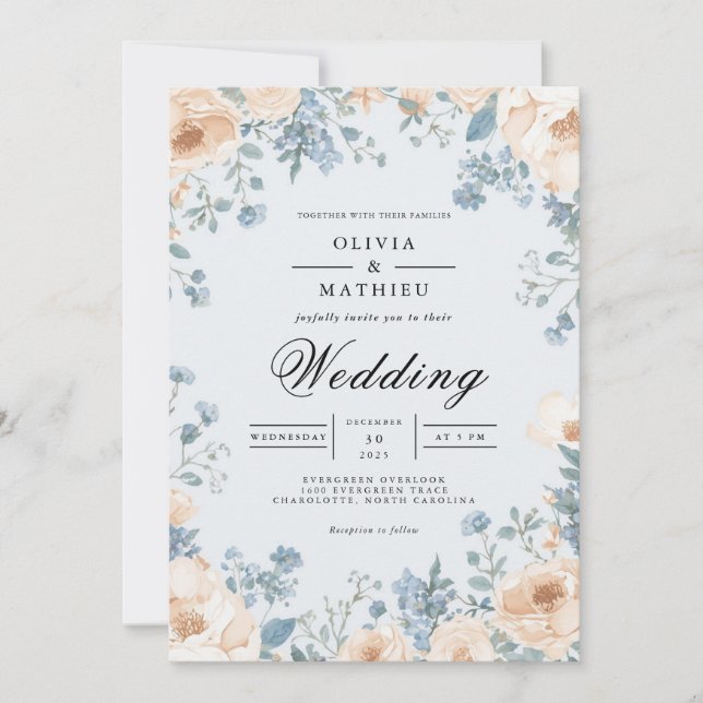 Soft Blue Floral Border Wedding Invitation (Front)