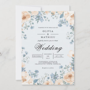 Soft Blue Floral Border Wedding Invitation