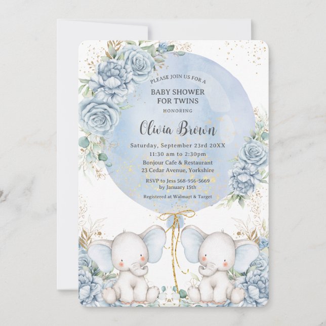 Soft Blue Floral Cute Elephants Twins Baby Shower Invitation (Front)