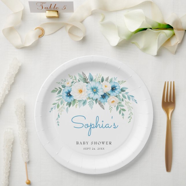 Soft Blue Floral Elegant Baby Shower Party Paper Plate (Wedding)