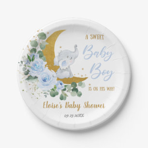 Soft Blue Floral Elephant Sweet Baby Boy Shower Paper Plate