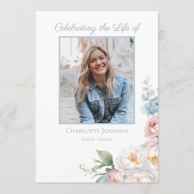 Soft Blue Floral Funeral Memorial Order of Service Programme (Front)