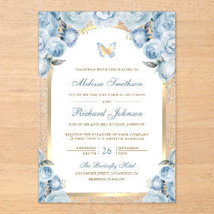 Soft Blue Floral Gold Arch Butterfly Wedding Acrylic Invitations