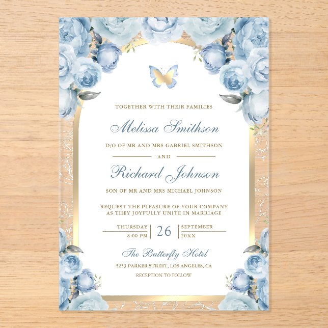 Soft Blue Floral Gold Arch Butterfly Wedding Acrylic Invitations (Front)