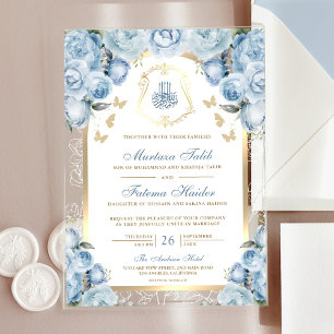 Soft Blue Floral Gold Arch Muslim Wedding Acrylic Invitations