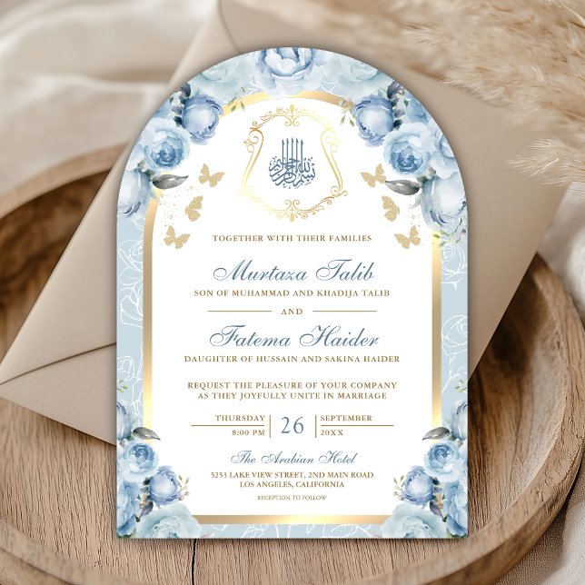 Soft Blue Floral Gold Arch Muslim Wedding Invitation (Creator Uploaded)