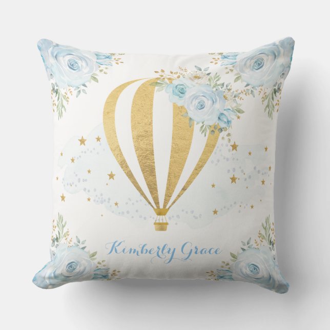 Soft Blue Floral Gold Hot Air Balloon Baby Nursery Cushion (Front)