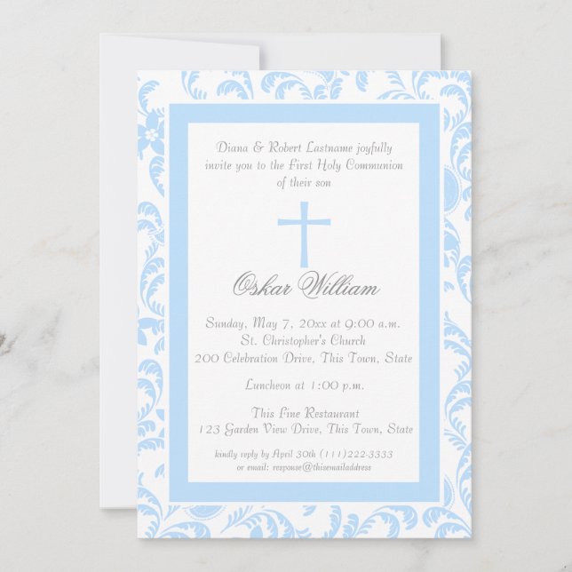 Soft Blue Floral Paisley First Communion Invitation (Front)