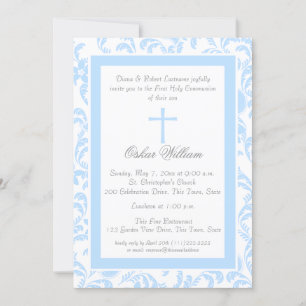 Soft Blue Floral Paisley First Communion Invitation