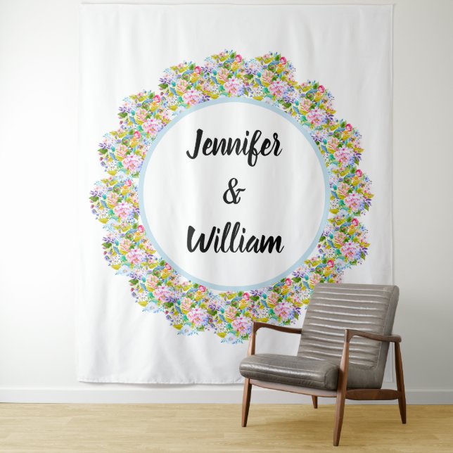 Soft Blue Floral Romantic Wedding Backdrop Tapestry (In Situ)