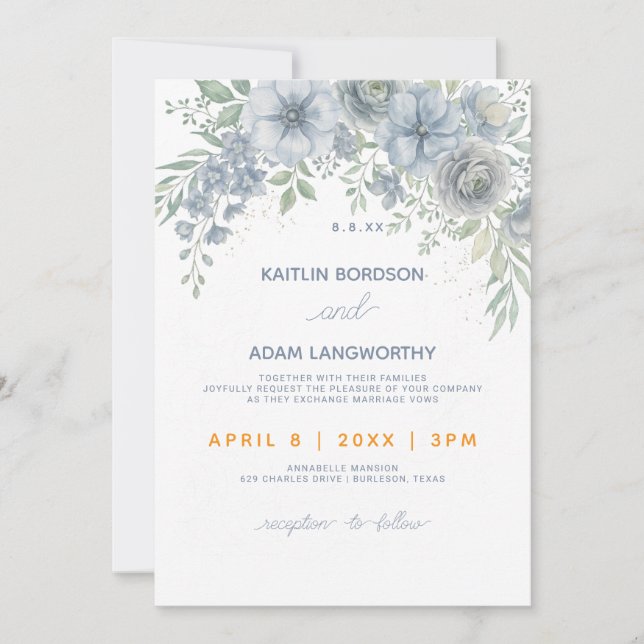 Soft Blue Floral Wedding Invitation Template (Front)