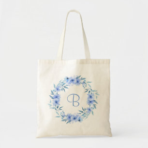 Soft blue floral wreath personalised gift tote bag