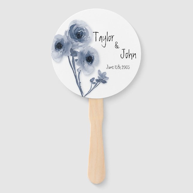 Soft Blue Flower Wedding Hand Fan (Front)