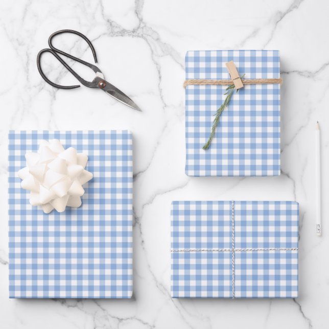 Soft Blue Gingham Check Pattern Wrapping Paper Sheet (Front)