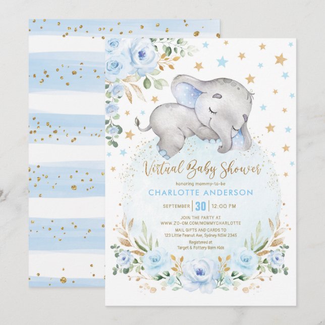 Soft Blue Gold Floral Elephant Virtual Baby Shower Invitation (Front/Back)