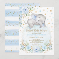 Soft Blue Gold Floral Elephant Virtual Baby Shower