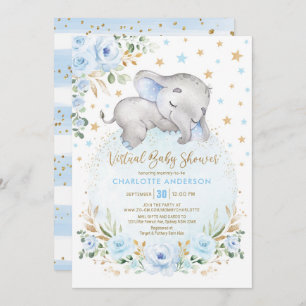 Soft Blue Gold Floral Elephant Virtual Baby Shower Invitation