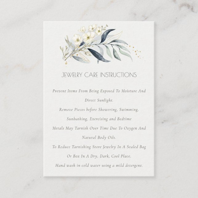 Soft Blue Gold Leafy Botanical Jewellery Care Business Card (Front)