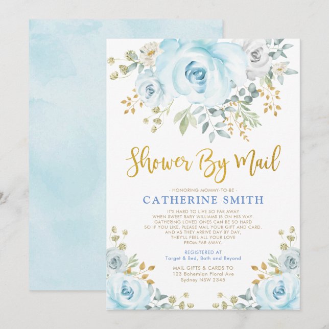 Soft Blue Gold Roses Baby Shower By Mail Virtual Invitation (Front/Back)