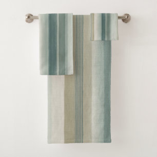 Soft Blue Green Light Teal Beige Weathered Stripe Bath Towel Set
