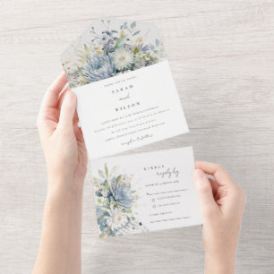 Soft Blue Green Succulent Floral Botanical Wedding All In One Invitation